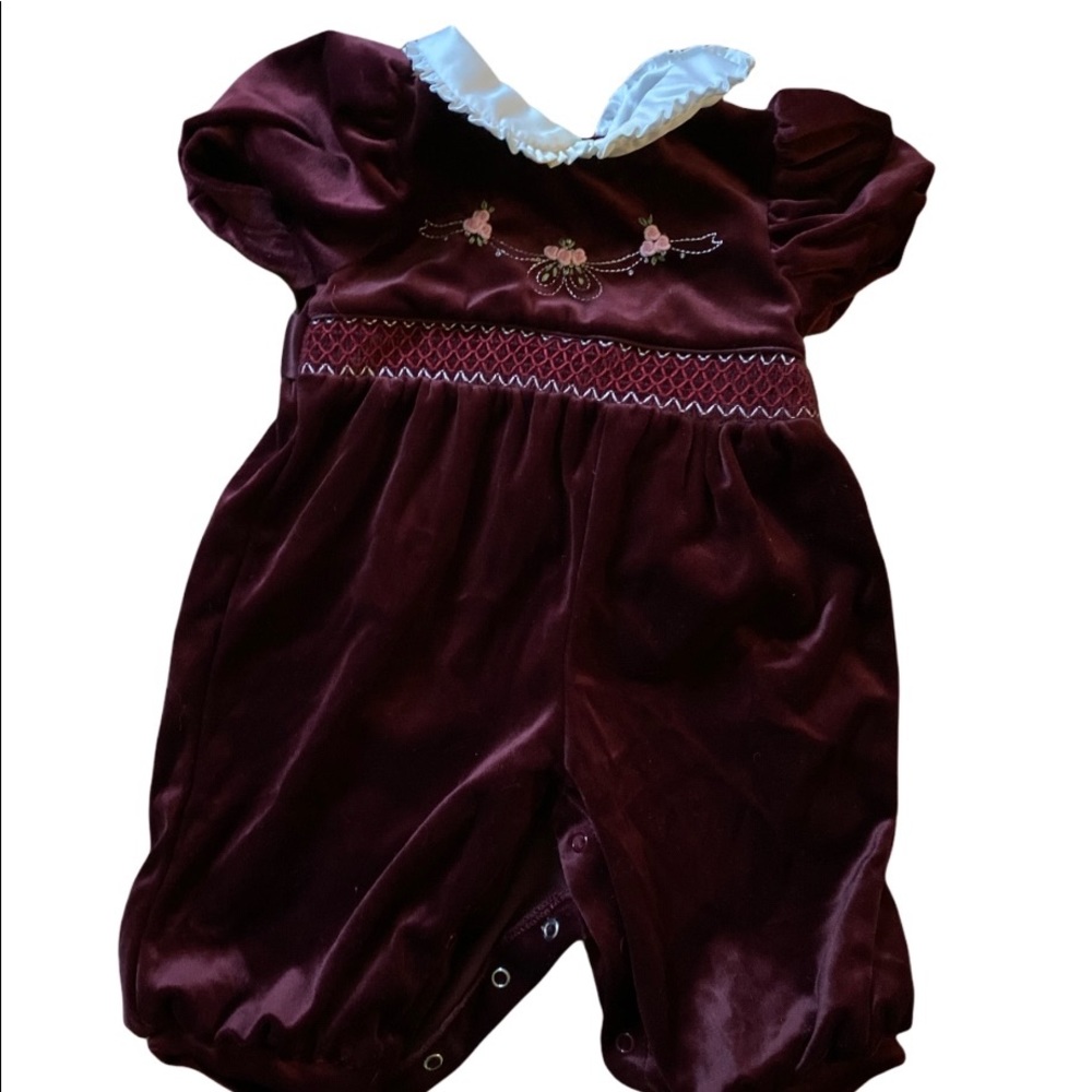 Vintage Baby Girl 90s Bubble Romper Dark Burgundy Velvet |
